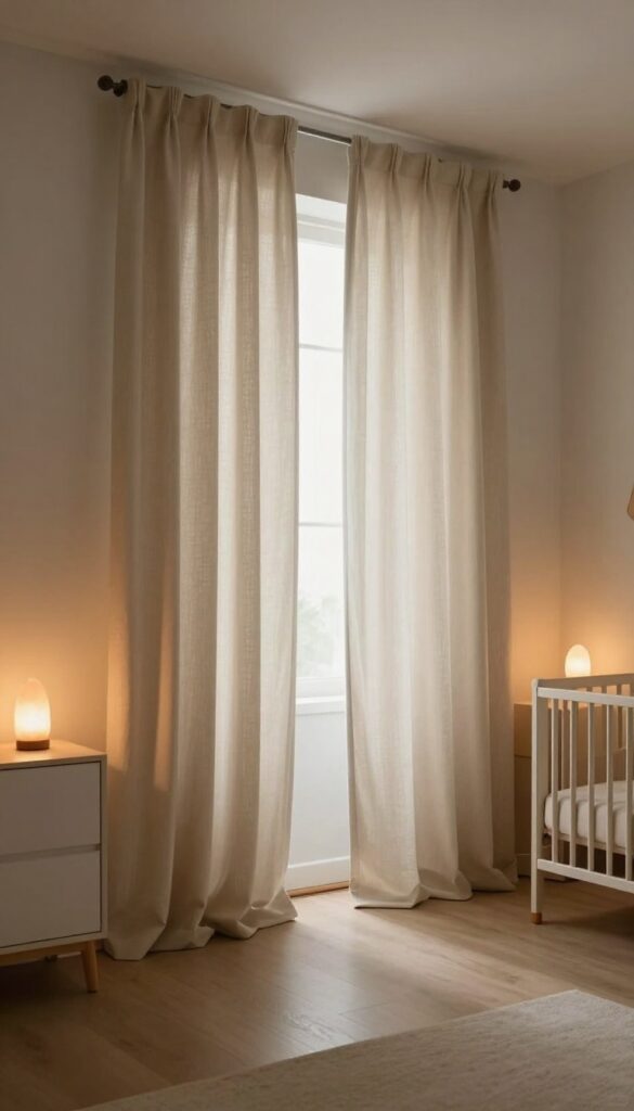Baby boy bedroom with oatmeal blackout curtains, dimmable warm overhead light, salt lamp, and soft nightlight creating a calming, cave-like atmosphere for sleep.