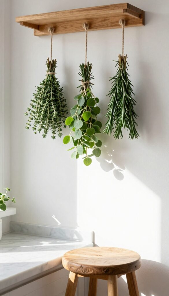 Hanging herb drying rack in a sunlit kitchen with fresh herbs drying near a window