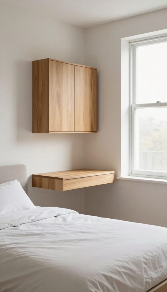Small bedroom with king bed and wall-mounted fold-down desk closed, warm wood finish, bright natural light, minimalist style.