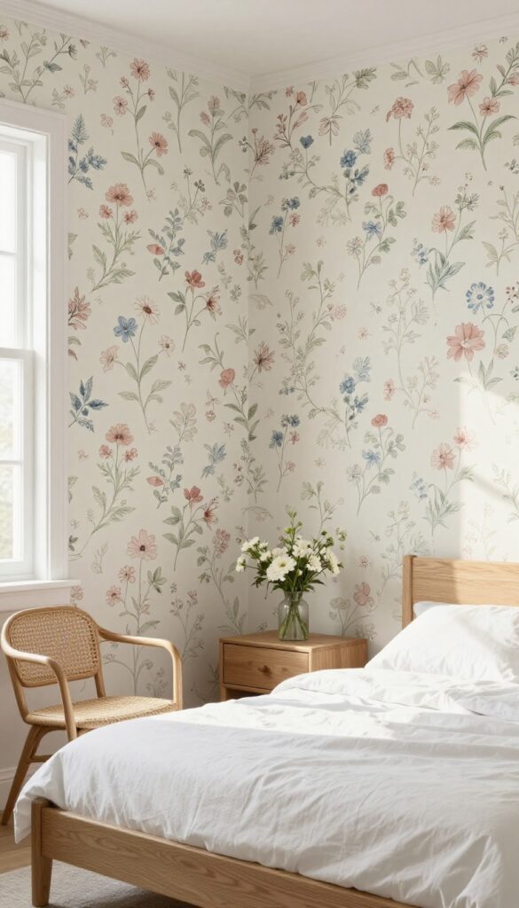Bedroom with floral ditsy print wallpaper in muted tones, featuring a bed with white linens, rattan chair, and wood nightstand in soft natural light.