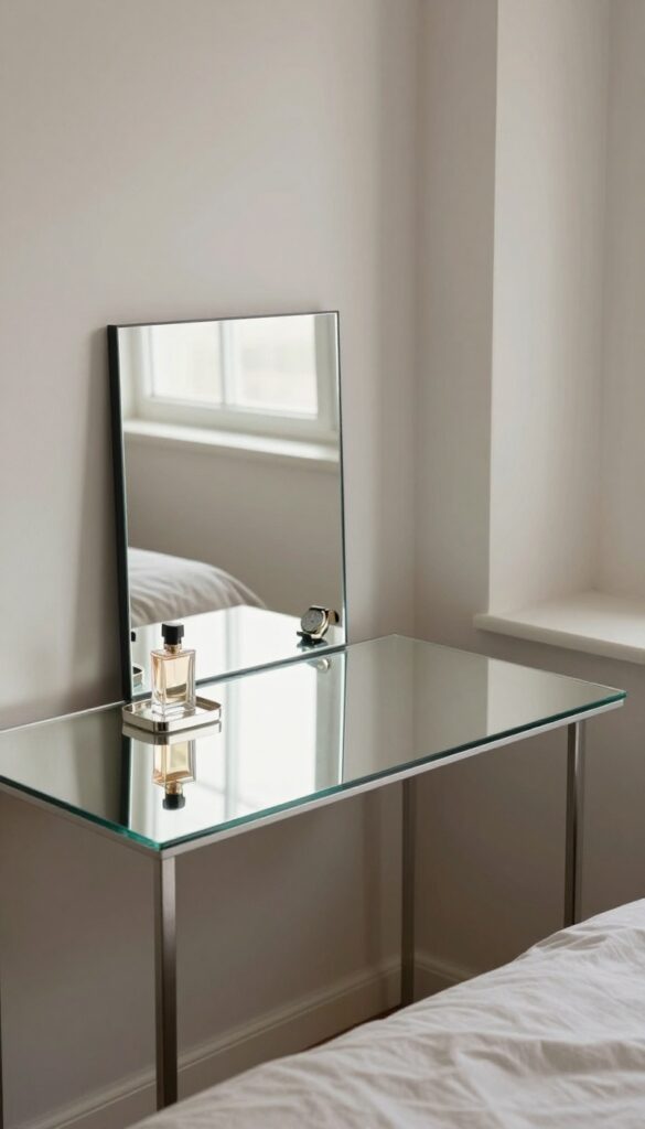 Small bedroom corner with a mirrored desk reflecting light and creating depth