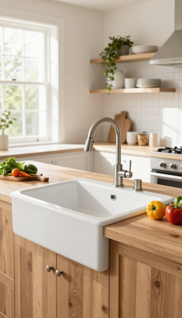 Kitchen island with farmhouse sink, wooden cutting board, and gooseneck faucet in bright natural light.