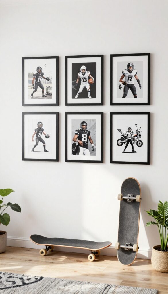 Boys bedroom with curated gallery wall of framed sports, music, and gaming art, black frames, skateboard and plant accent, natural light.