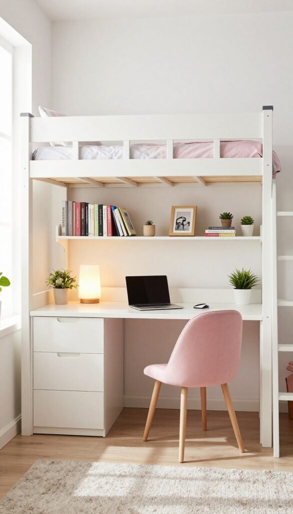 Loft bed with built-in desk and floating shelves in a teen girl's bedroom