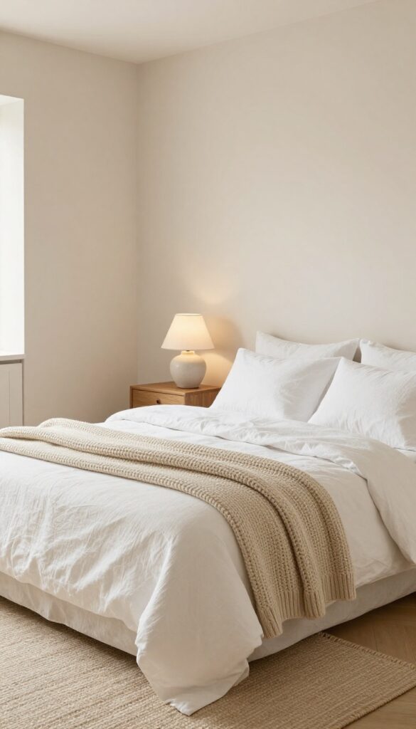 Cozy guest bedroom with warm neutral walls, linen bedding, chunky knit throw, and wool rug in soft beige tones.