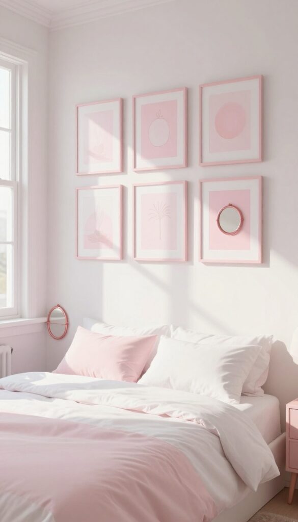 Gallery wall with pink-toned art and mirrors in a bright girl's bedroom