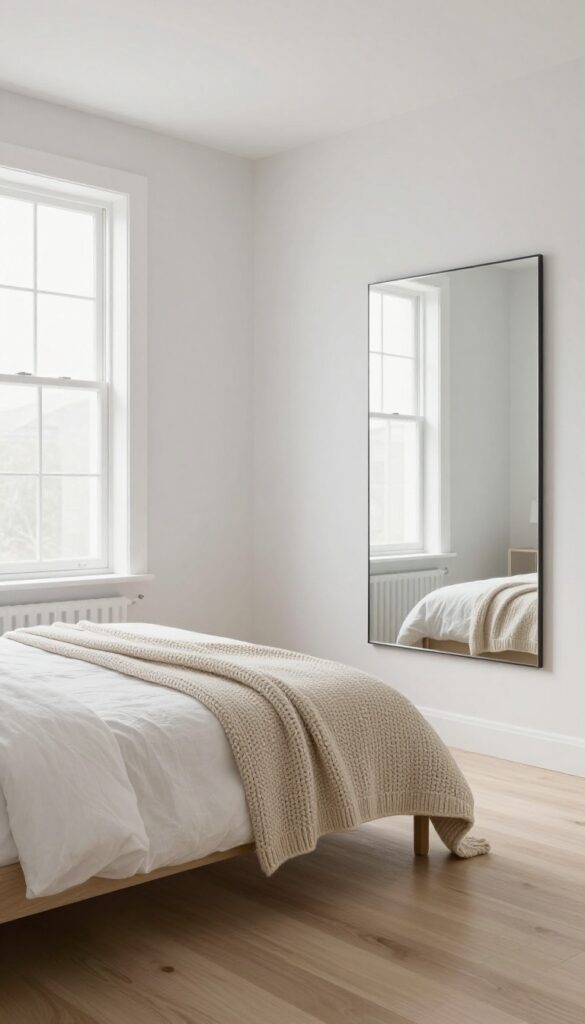 Small bedroom with light neutral colors, white walls, pale gray trim, natural light, mirror reflecting window, chunky knit throw, clean and airy.