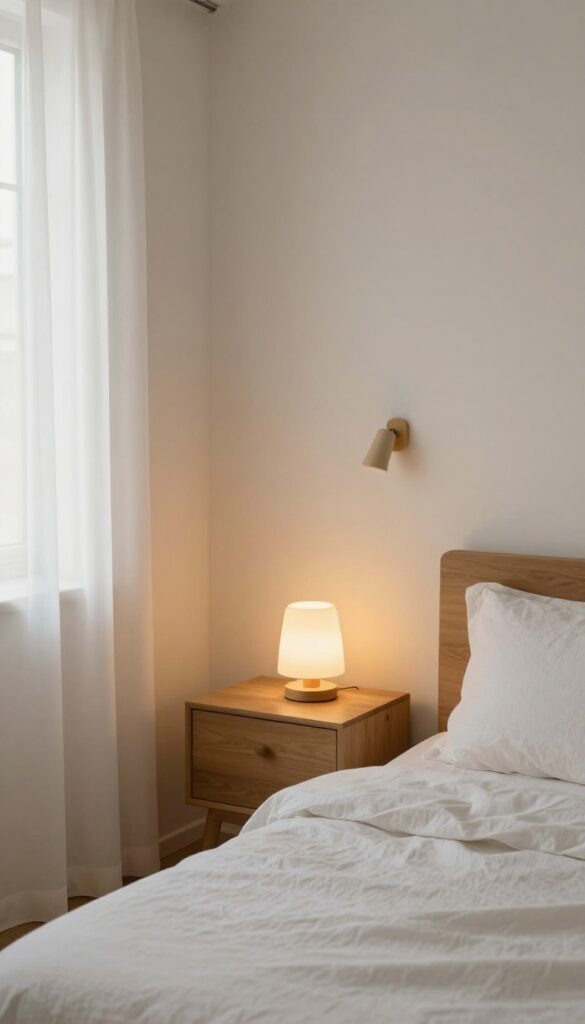 Small bedroom with layered lighting from table lamp, floor lamp, and wall sconces, warm glow, cozy atmosphere