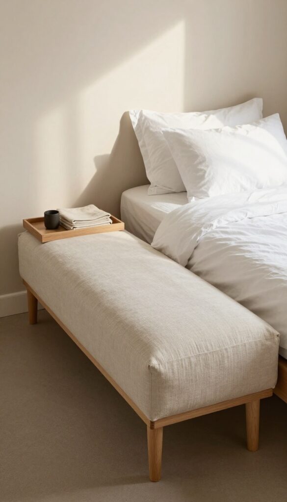 A storage ottoman bench at the foot of a bed in a small bedroom, with hidden storage open showing blankets, natural light, and cozy decor.