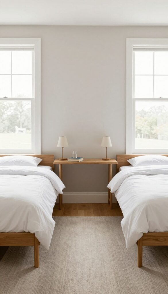Twin boys' bedroom with shared nightstand between two beds, symmetrical layout, natural light, minimalist style.