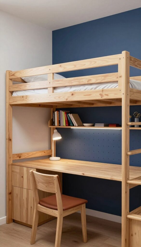 Built-in desk under top bunk in boys' bedroom with shelf, lamp, and pegboard