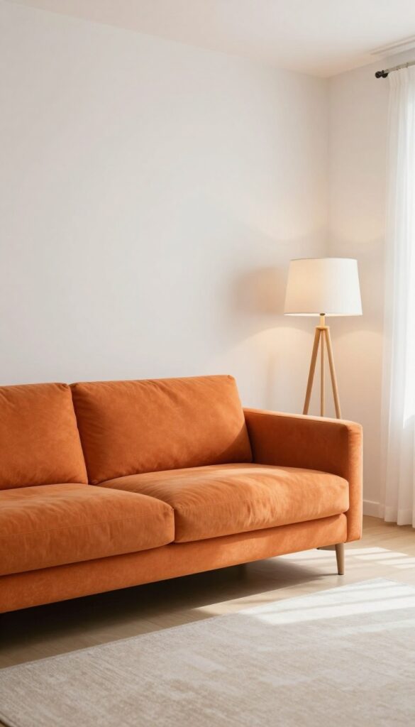 Orange sofa with a single statement floor lamp in a soft shape, light and airy living room