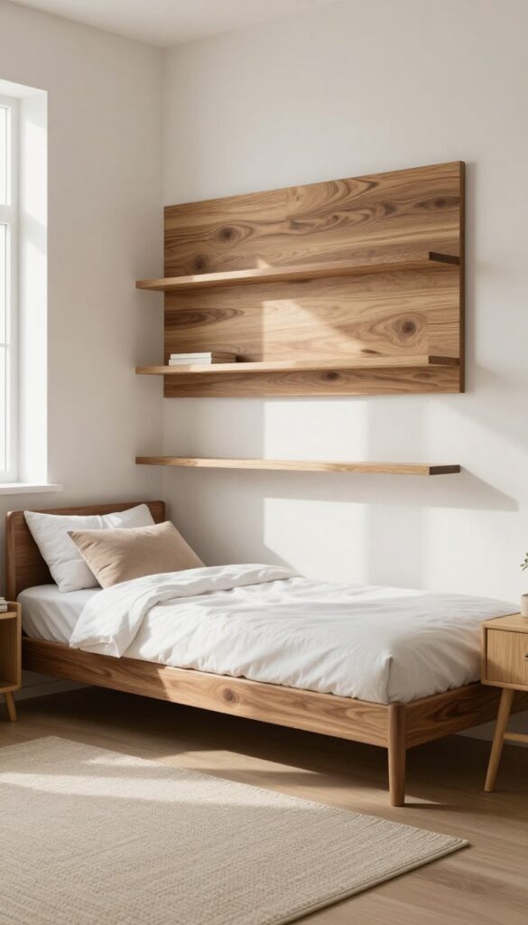 Cozy boy's bedroom with walnut bed frame, oak shelves, and textured rug in natural light