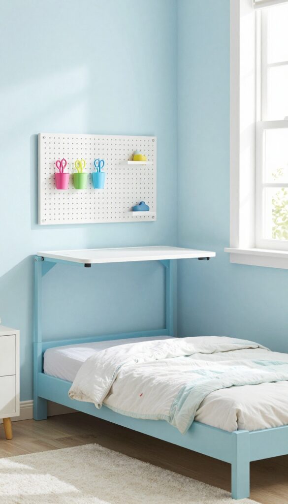 A child's bedroom with a fold-down desk tucked away against the wall, pegboard above, and a play area on the floor.
