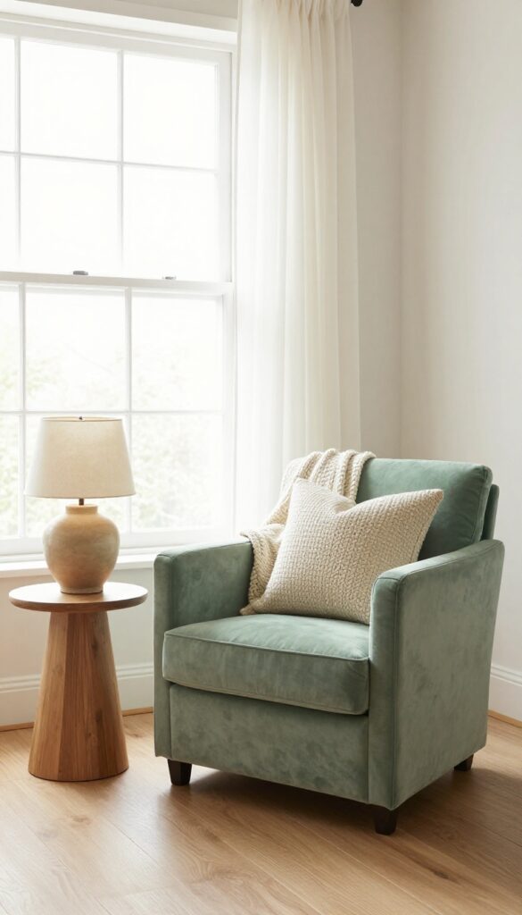 Sage green accent chair in bedroom corner with side table and lamp, creating a cozy reading nook.
