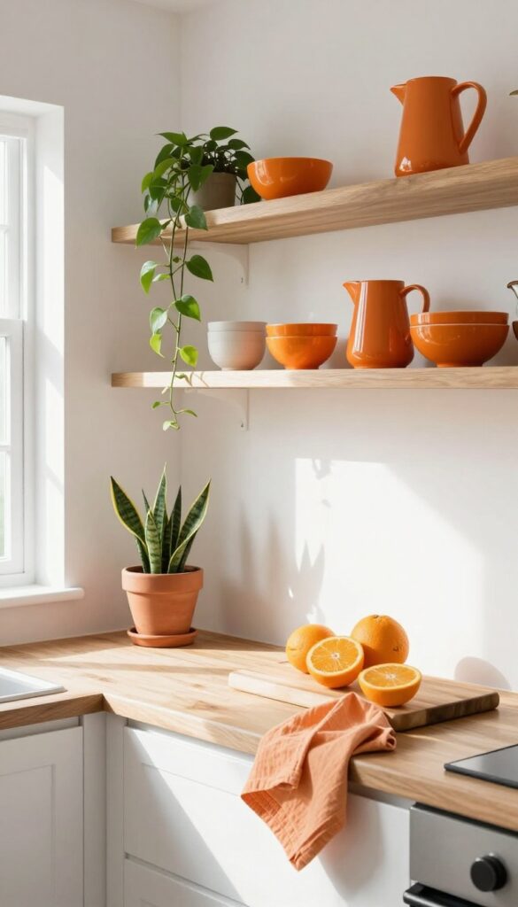 Kitchen with orange accents, natural wood shelving, and greenery