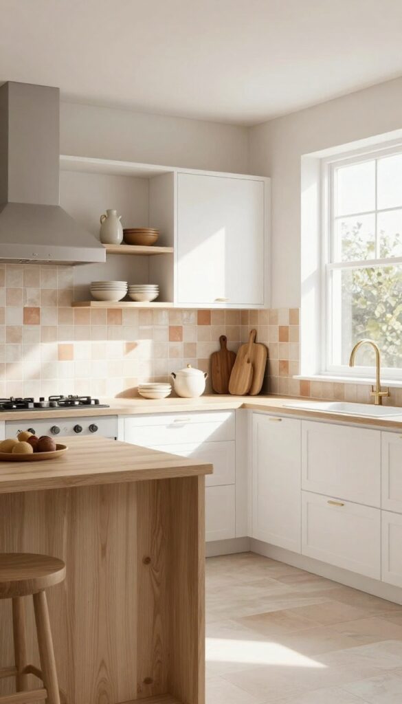 A cozy large kitchen with a textured zellige backsplash in warm beige and terracotta tones, natural light, open shelving, and wooden accents.