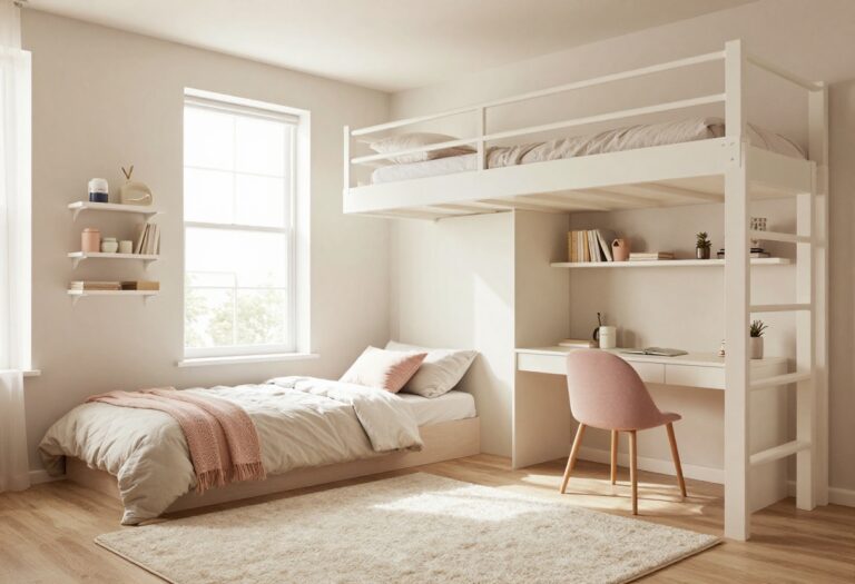 Small teen bedroom with loft bed and desk underneath, featuring floating shelves and cozy decor.