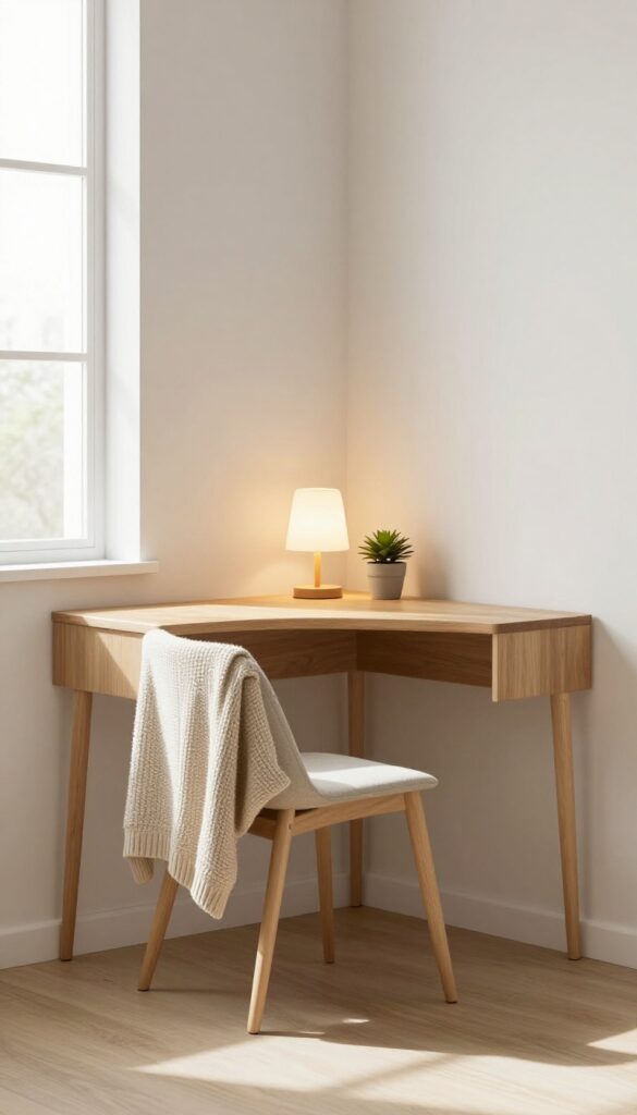 A wall-mounted desk in a bedroom corner with a slim chair tucked underneath, a lamp, and a plant, creating a functional workspace without taking up floor space.