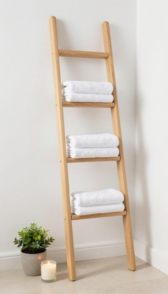 A small decorative wooden ladder with towels in a bright powder room