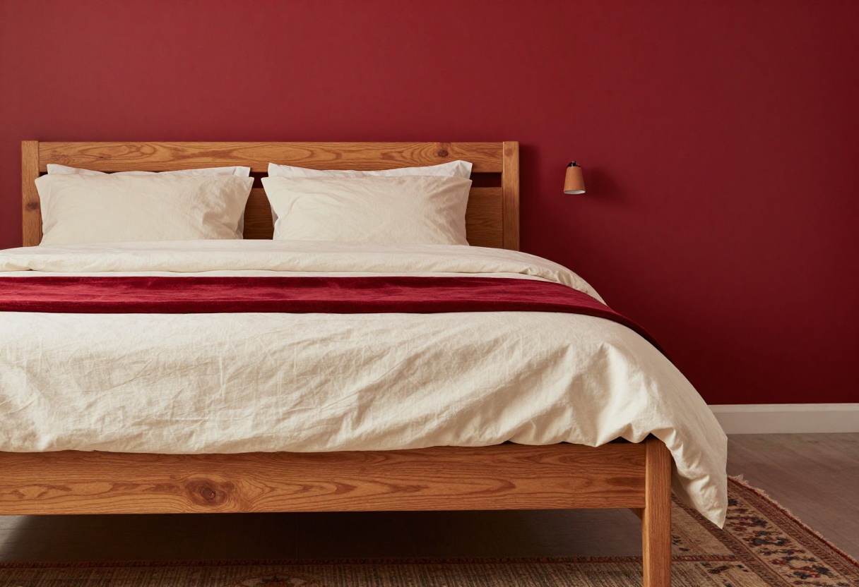 Cozy bedroom with red accent wall, wooden bed, cream linens, and warm lighting