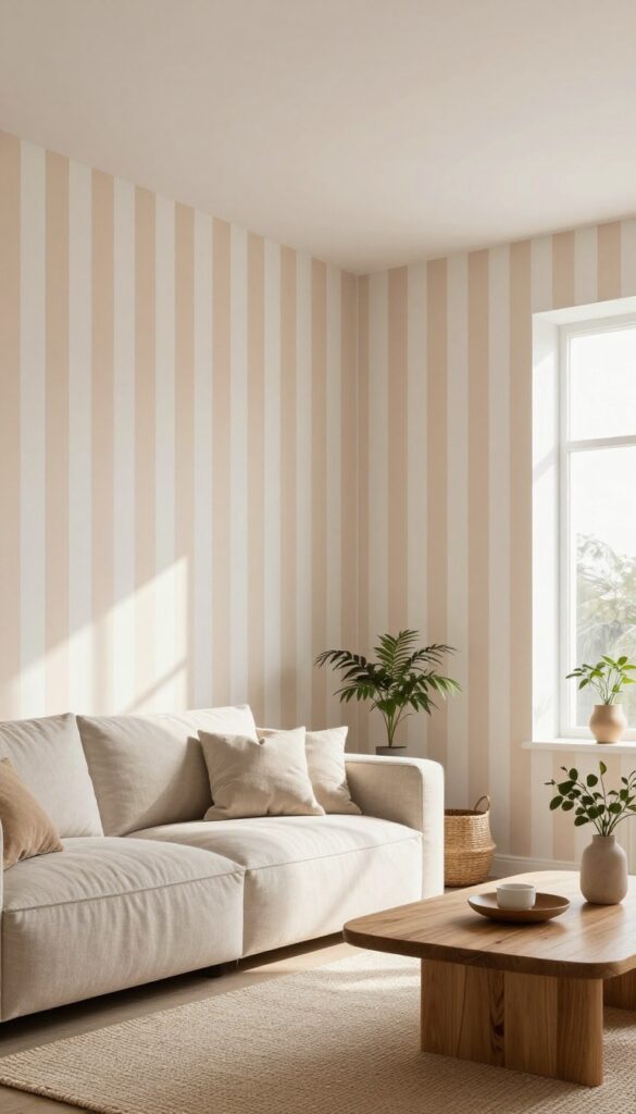 Living room with vertical striped walls in warm white and pale clay, neutral furniture, and natural textures, making the room feel taller and airy.