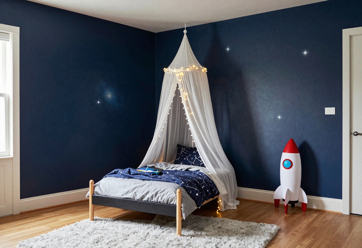 Cozy space-themed boy's bedroom with galaxy mural, starry bedding, and rocket ship reading nook