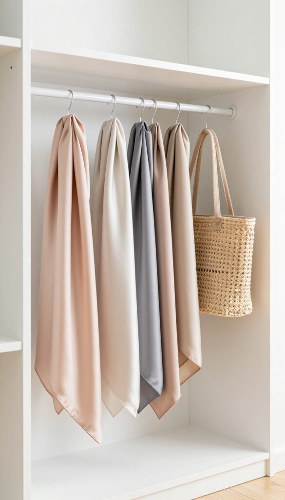 A tension rod installed inside a closet holding neatly hung scarves and ties, with soft natural light and a clean, minimalist aesthetic.