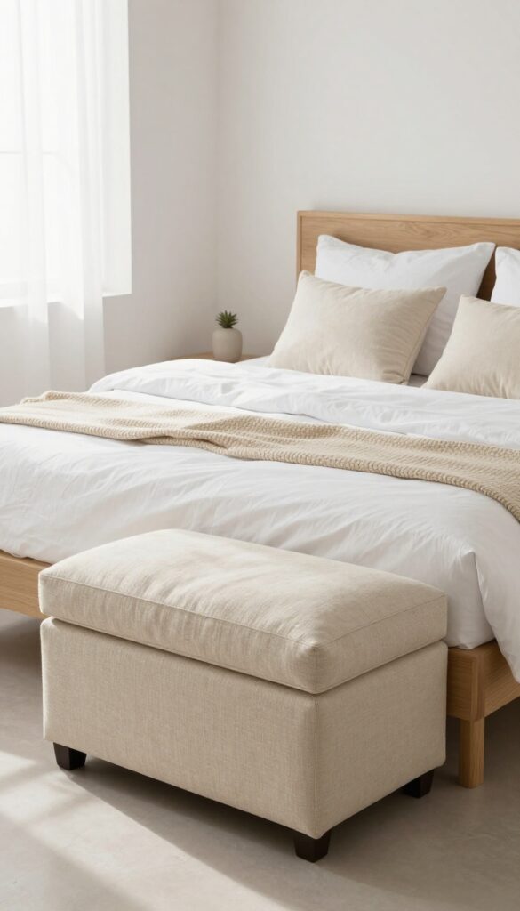 Small bedroom with a storage ottoman at the foot of the bed, featuring a throw and pillows, in natural light.