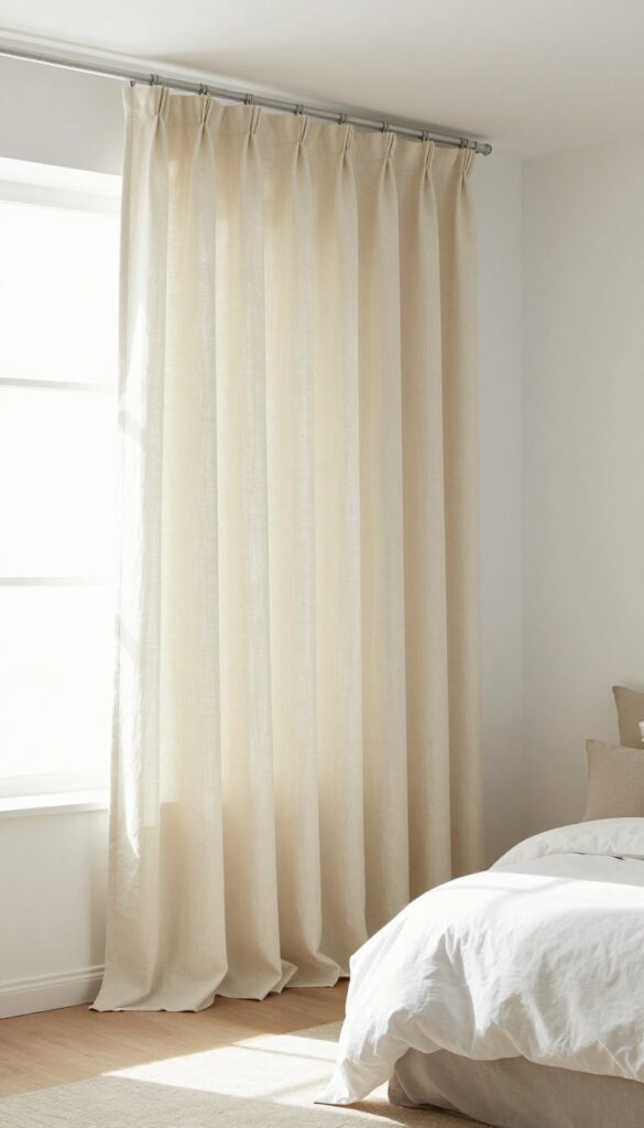 Small bedroom with cream linen curtains framing the bed, soft natural light, cozy and airy atmosphere.