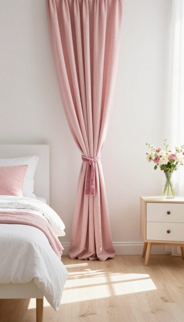 Pink curtains with tie-backs in a bright bedroom