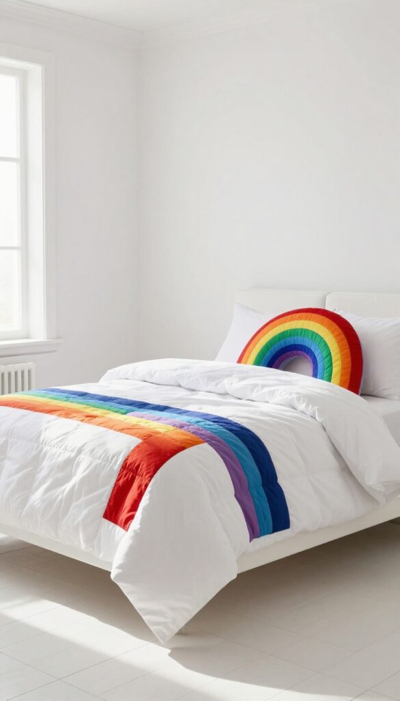 A girl's bedroom with white walls and white bedding featuring a color-blocked rainbow quilt and rainbow throw pillows, creating a bright and cheerful focal point.