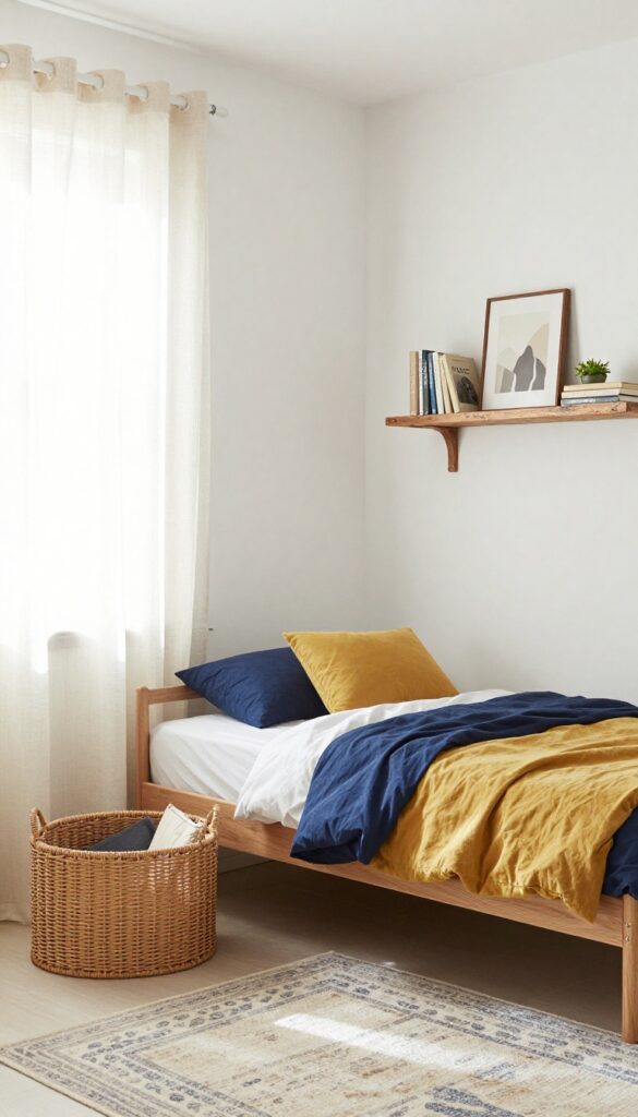 Boy's bedroom with creamy white walls, natural wood furniture, navy and mustard accents, and sheer curtains.