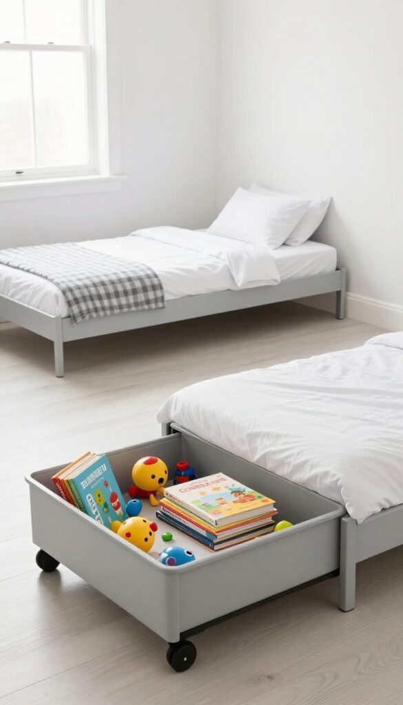 Two boys bedroom with under-bed rolling bins for shared storage