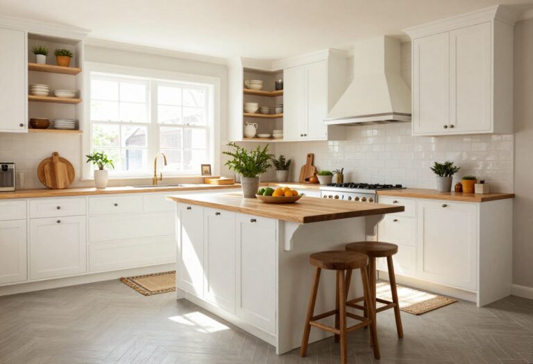 Cozy kitchen with soft gray herringbone tile flooring, white cabinets, and warm wood accents