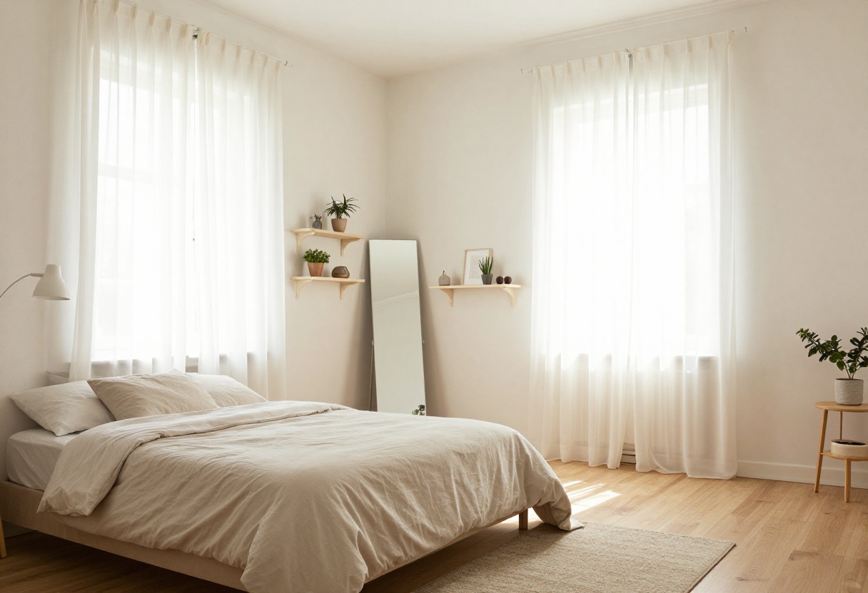 Small apartment bedroom with low bed, mirror, rug, and plants in natural light