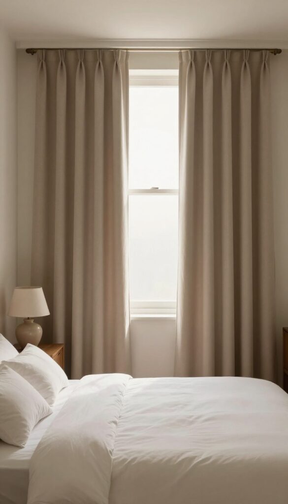 Guest bedroom with closed blackout curtains in warm taupe, creating a dark and quiet atmosphere for better sleep.