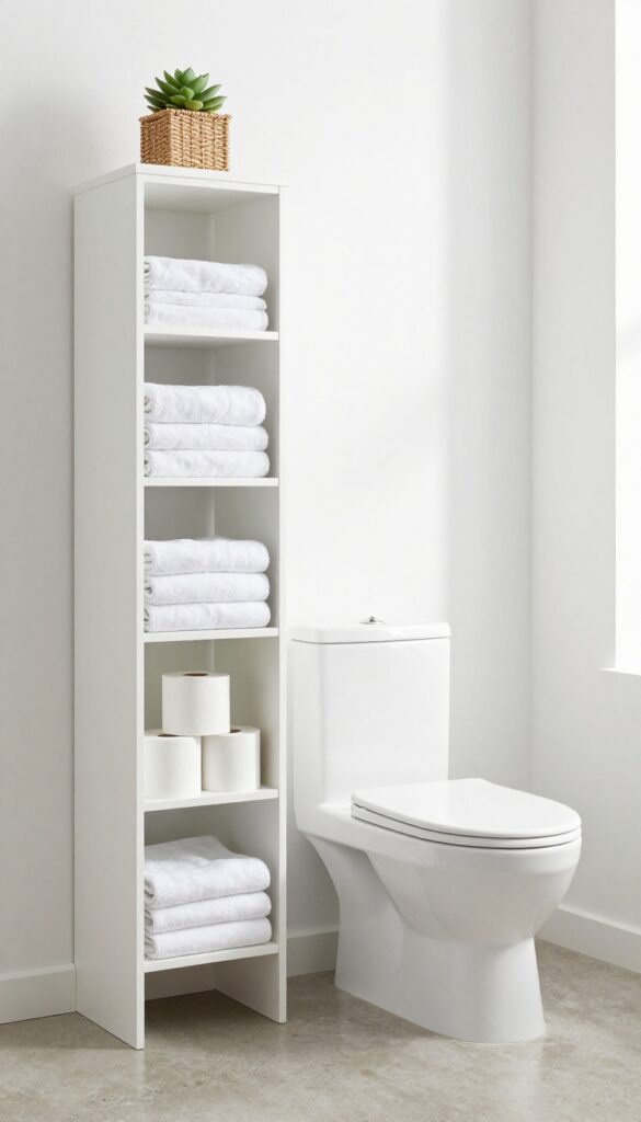 A slim white tower cabinet beside a toilet, with towels and toilet paper on shelves and a plant on top, in a bright, clean guest bathroom.