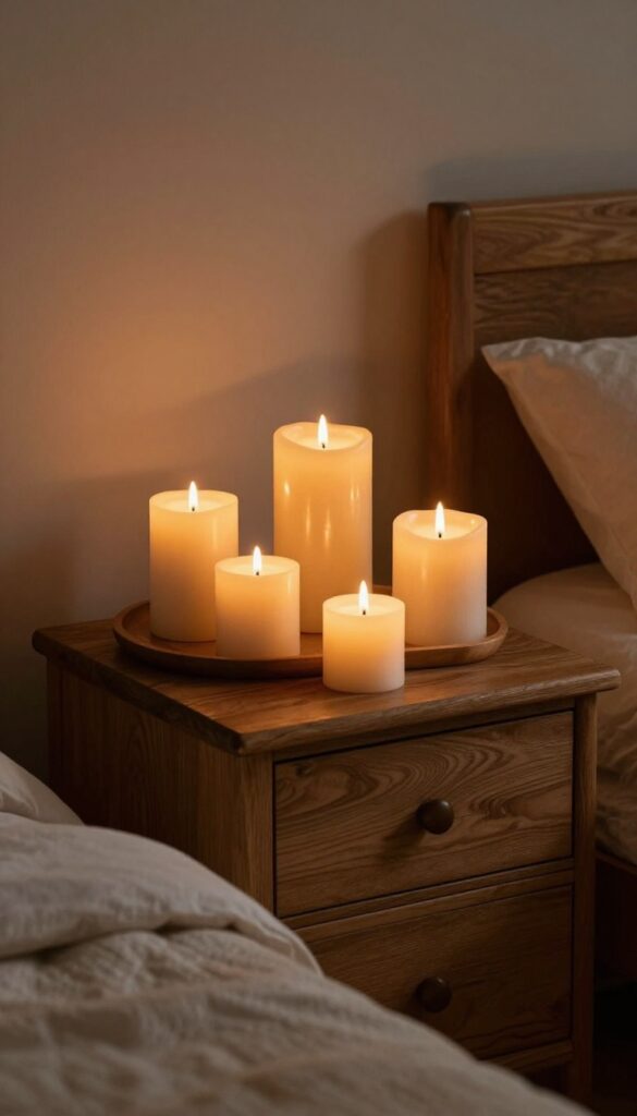 A cozy bedroom nightstand with a cluster of candles on a wooden tray, creating a romantic ambiance with warm light and soft shadows.
