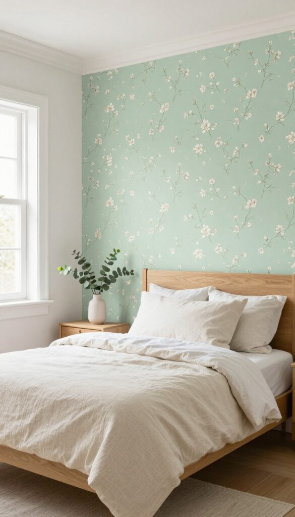 Girl's bedroom with soft sage green floral wallpaper accent wall, cream bedding, and eucalyptus in vase