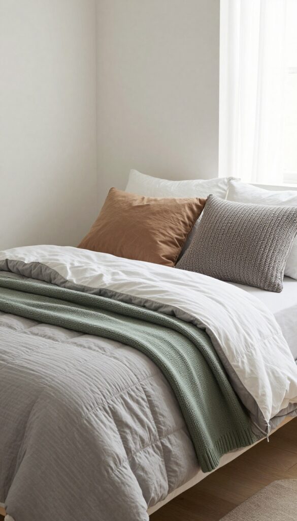 Cozy layered bedding on a boy's bed with chunky knit throw and pillows in earthy tones
