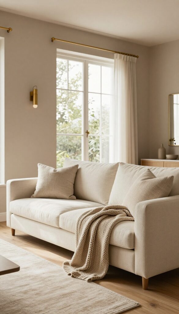 Cozy living room with warm taupe walls, cream sofa, brass accents, and natural light