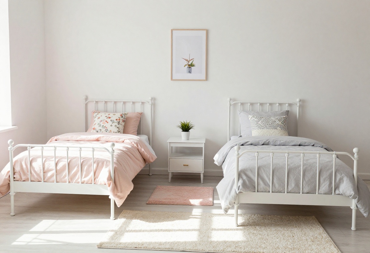 Twin girls bedroom with matching white beds and contrasting pink and gray bedding