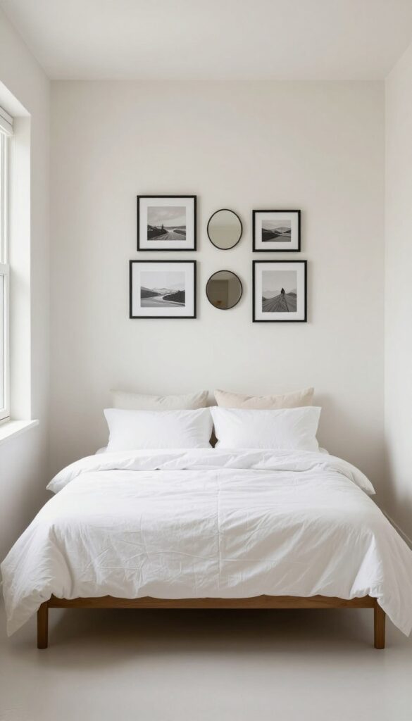Gallery wall above bed in small bedroom with black framed prints and mirror