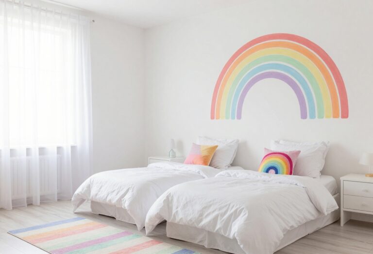 Bright and airy girls bedroom with pastel rainbow accent wall and white furniture