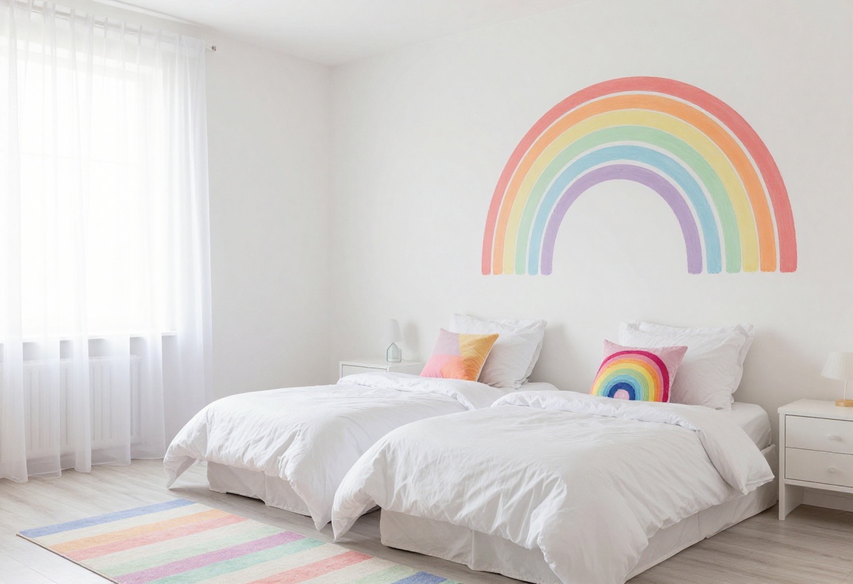 Bright and airy girls bedroom with pastel rainbow accent wall and white furniture