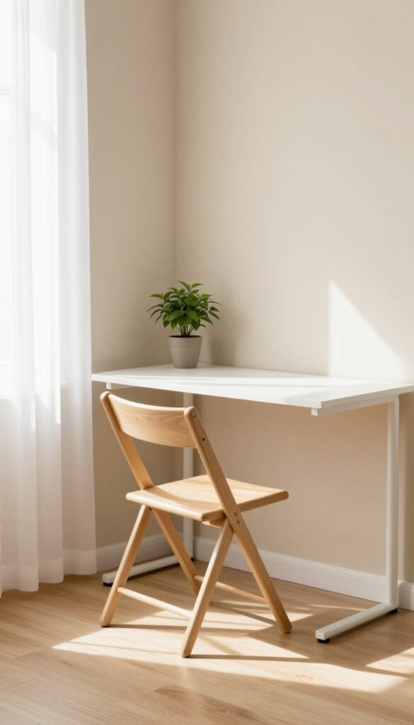 A fold-away desk chair in pale oak tucked beside a wall-mounted desk in a light and airy guest bedroom.