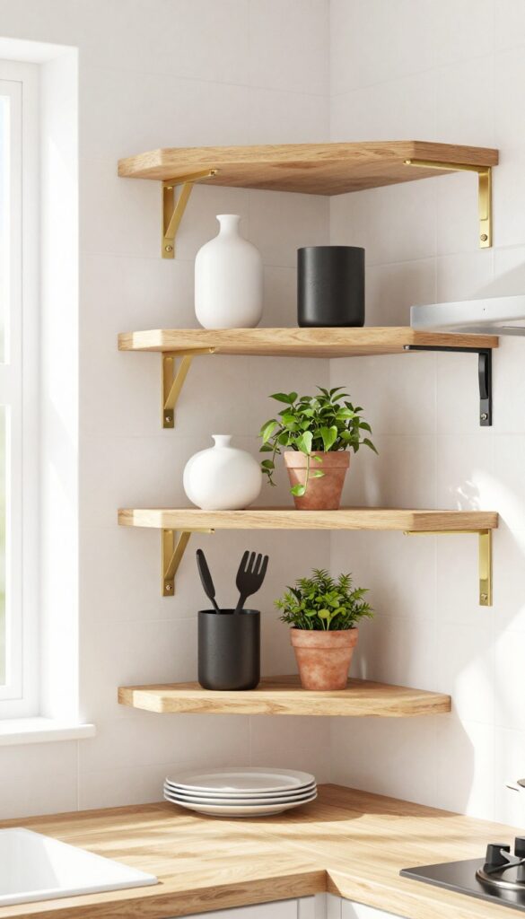 Modern kitchen with open wood shelving, brass and black metal brackets, white ceramics, and a trailing plant.