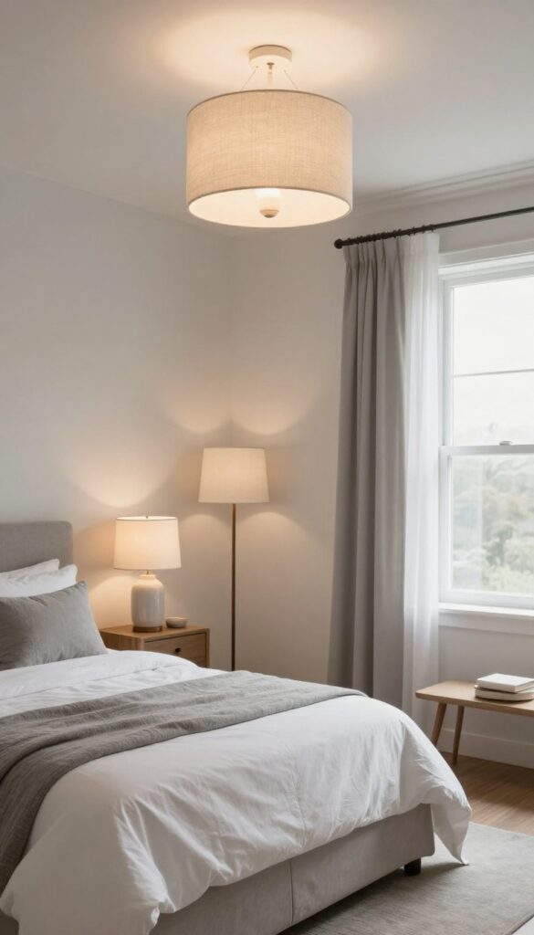 Cozy grey and white bedroom with layered warm lighting from table lamps, floor lamp, and ceiling fixture