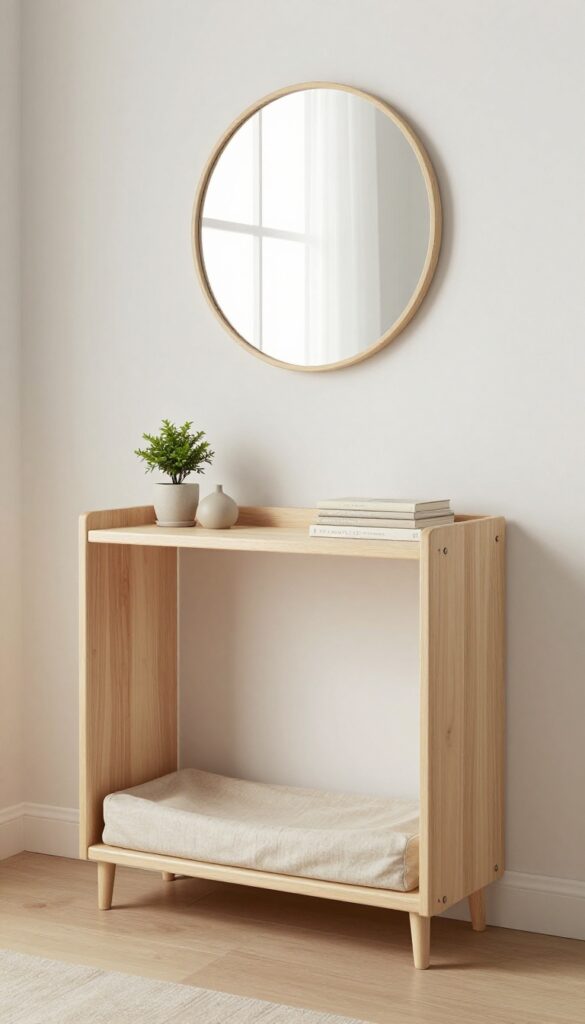 Wall-mounted changing station folded up as a floating shelf with lamp, books, and plant, in a bright nursery-guest room